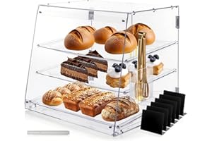 ULTRGEE Pastry Display Case, Bakery Display Case - 3 Tier Acrylic Clear Bread Storage Box Countertop for Pastry Desserts Food Cookie with Rear Door Access & Removable Shelves, 20.86 x 17.3 x 16.5 inch