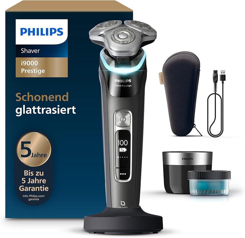 Rasierer i9000 Prestige, elektrischer Nass- und Trockenrasierer für Herren mit integriertem Trimmer, schwarz, Drucksensor, Reinigungsstation, Ladestation und Reiseetui (Modell XP9207/30)