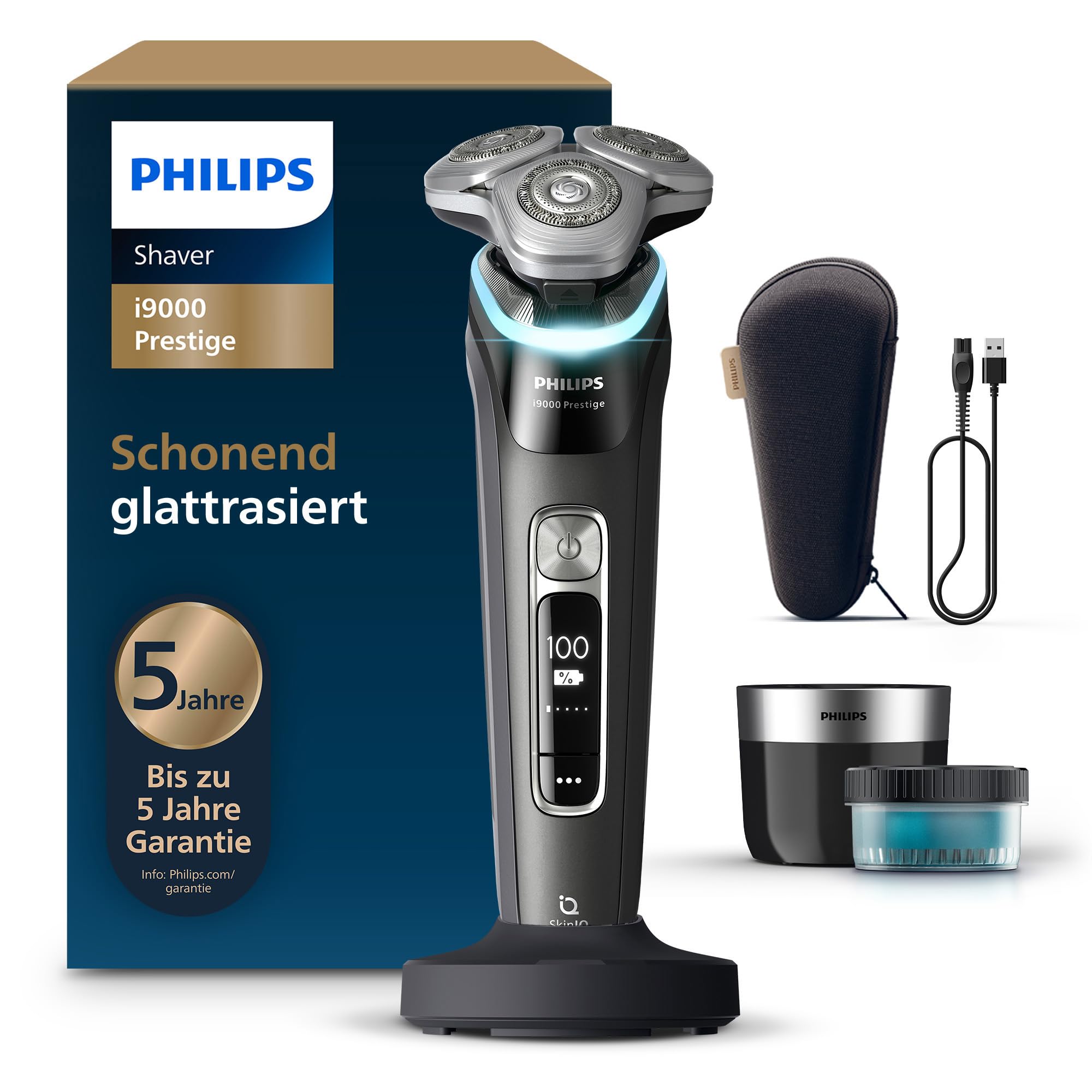 Philips Rasierer i9000 Prestige, Nass- und Trockenrasierer für Herren mit integriertem Trimmer, schwarz, Drucksensor, Reinigungsstation, Ladestation und Reiseetui (Modell XP9207/30)