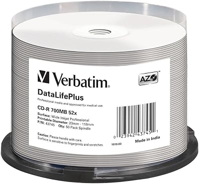 Verbatim 43745 52x CD-R DataLifePlus Inkjet Professional 50pk Spindle