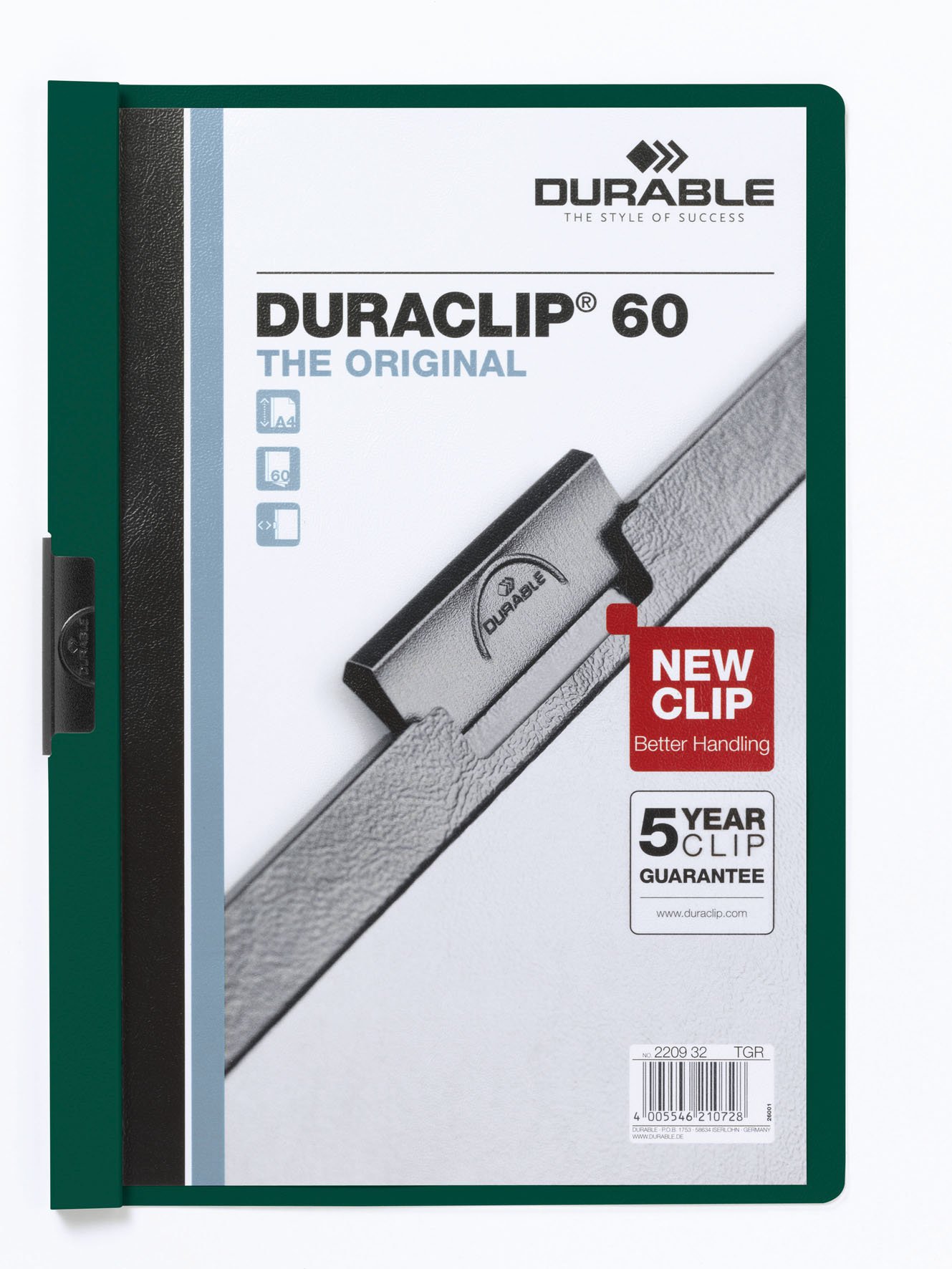 Durable DURACLIP 60 A4 Clip Folder - Holds Up to 60 Sheets of A4 Paper - Strong Metal Sprung Clip - Pack of 25 Dark Green Colour Folders for Organising Documents