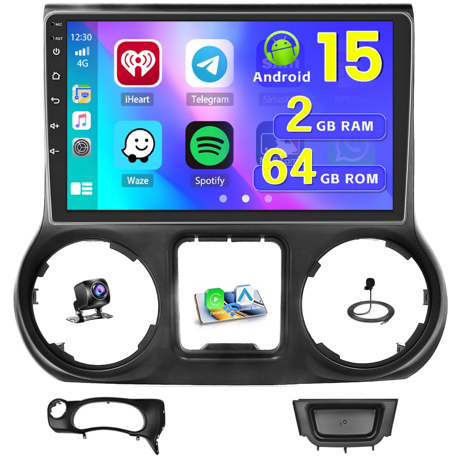 Photo 1 of [4Core 64G] Android 15 Car Stereo for Jeep Wrangler 2011 2012 2013 2014, Hikity 10.1" Touchscreen Wrangler Radio Wireless Carplay Android Auto Bluetooth/5G WiFi GPS/SWC FM/EQ/RDS Backup Cam Mic