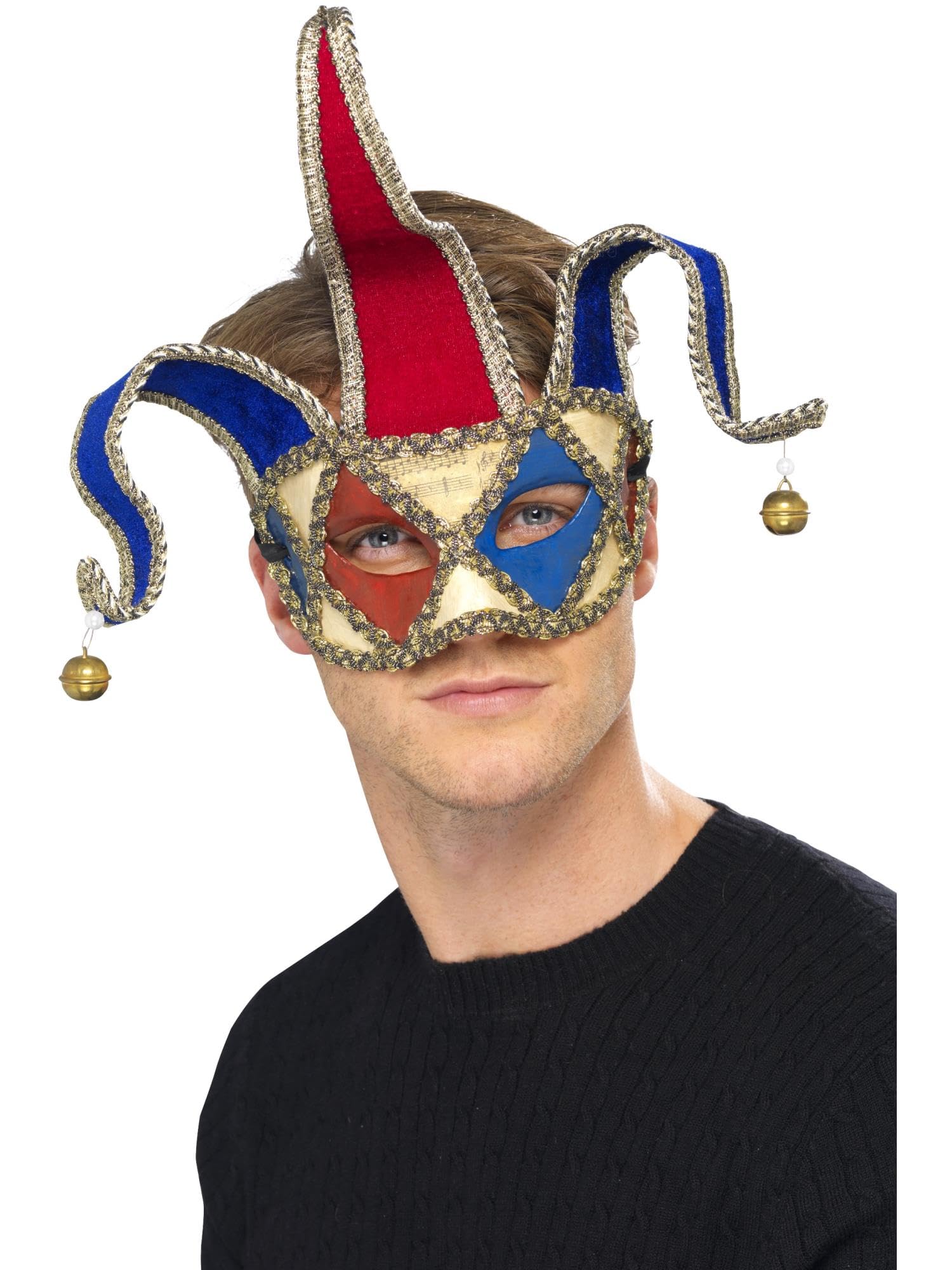 Smiffys Venetian Musical Jester Eyemask, Red & Blue , Eyemasks Fancy Dress, Adult Dress Up Eye masks