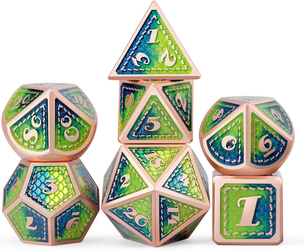 DNDND Dragon Scale Metal DND Dice Set 7 Pcs Blue Green Copper Edge with Tin