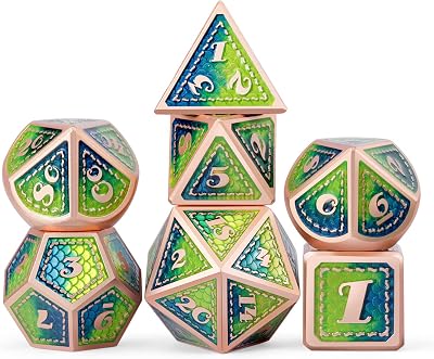DNDND Dragon Scale Metal DND Dice Set 7 Pcs Blue Green Copper Edge with Tin