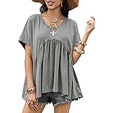 Cicy Bell Womens Summer Peplum Tops Oversized Babydoll Short Sleeve V Neck T Shirts Casual Loose Pleated Swing Blouse