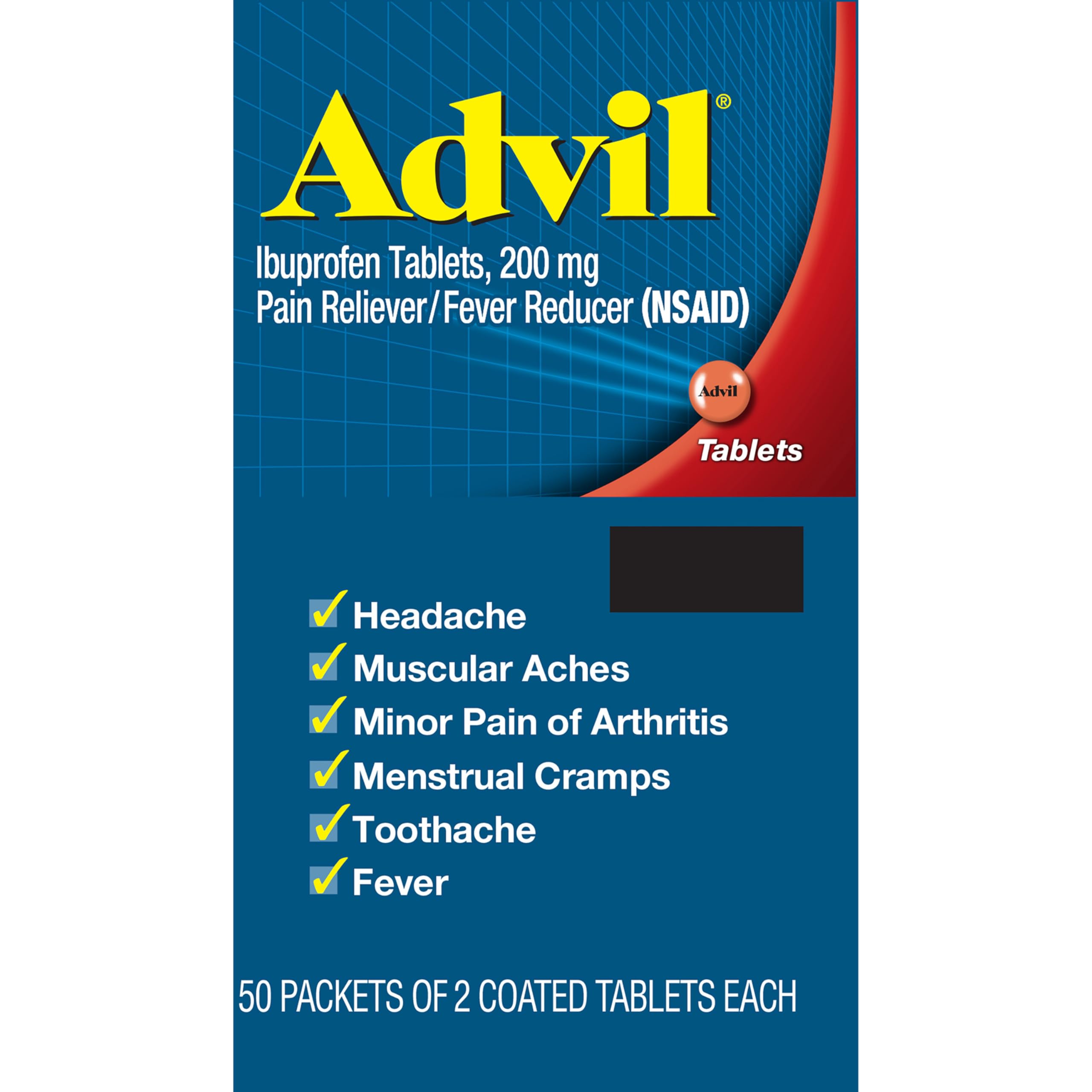 Advil Pain Reliever and Fever Reducer, Pain Relief Medicine with Ibuprofen 200mg for Headache, Backache, Menstrual Pain and Joint Pain Relief - 50x2 Coated Tablets
