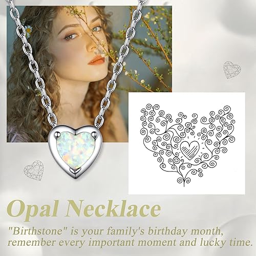 Suplight 925 Sterling Silver Heart Opal Necklace Dainty October
