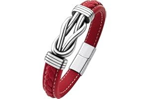 Oaldilee Mens Black Braided Leather Bracelet, Green/Red/Brown/Black Braided Leather Infinity Knot Bracelets for Men with Stainless Steel Clasp, 7.5/8.5/9in Length