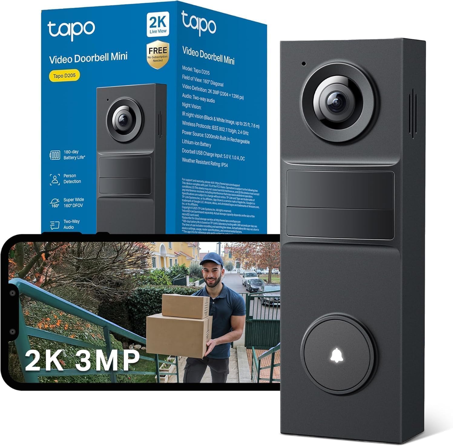 Tapo D205 Akku-Videotürklingel | WLAN Türklingel mit Kamera | 2K, 160° Weitwinkel, Zwei-Wege-Audio | Integrierter Akku | Lokale Speicherung auf microSD & H500 HomeBase | Kompatibel Solarpanel