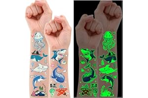 Partywind 130 Styles Luminous Shark Temporary Tattoos for Kids, Glow Shark Birthday Decorations Party Favors Supplies for Boys and Girls, Ocean Under Sea Fake Tattoo Stickers (10 Sheets)