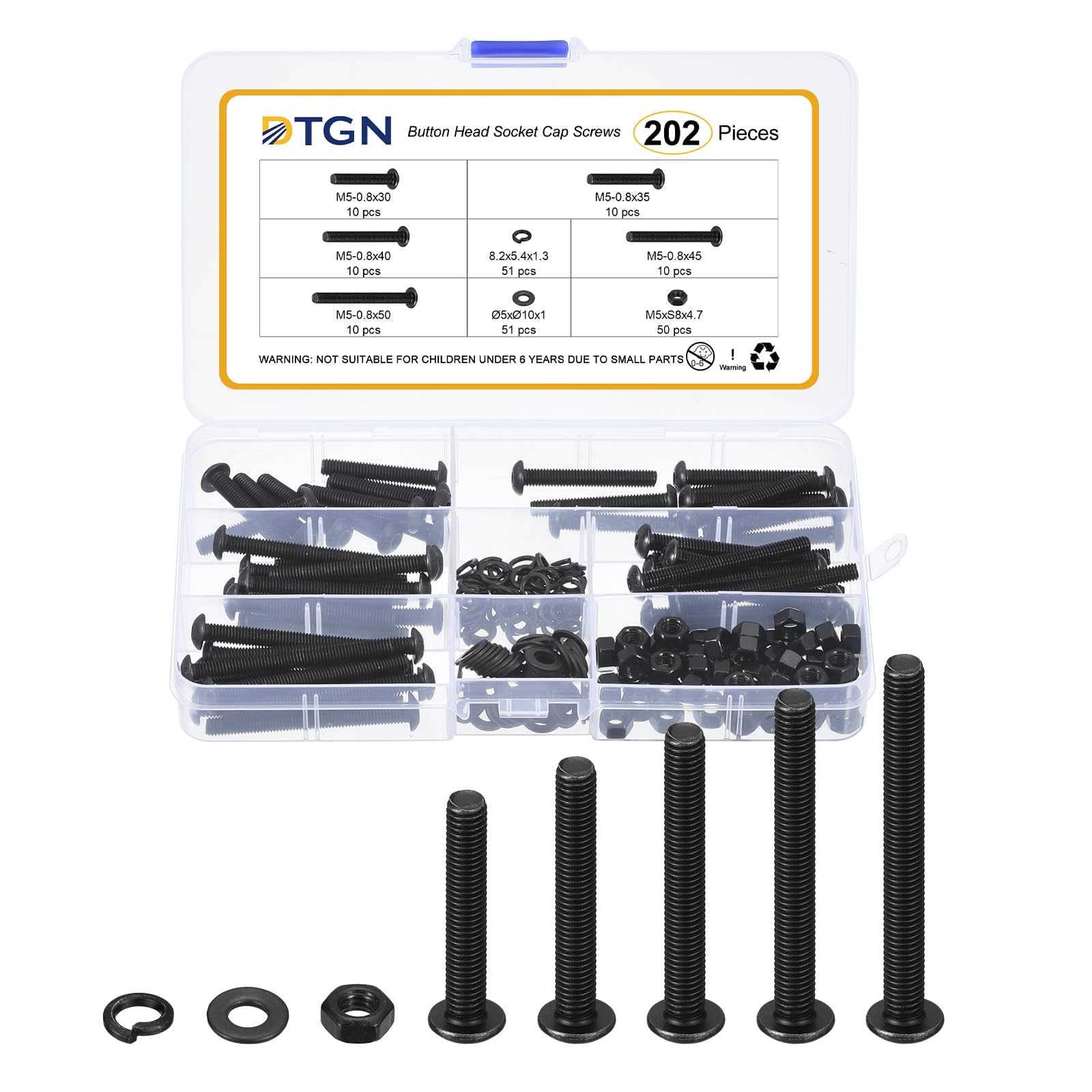 DTGN 202Pcs M5-0.8x30/35/40/45/50mm Button Head Socket Cap Screws - Carbon Steel Bolt Nut Set Washer Assortment Kit - Good for Road Bicycle, Mountain Bike, Auto