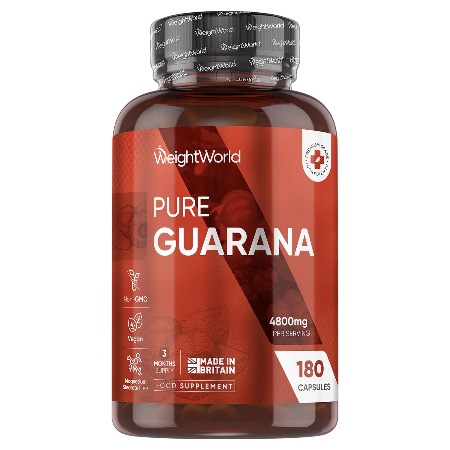 Guarana Capsules 4800mg - Caffeine Pills - 180 Capsules (3 Months Supply) - Rich in Bioactive Compounds - Travel-Friendly, GMP-Approved & Vegan-Friendly Caffeine Supplements - Made in The UK