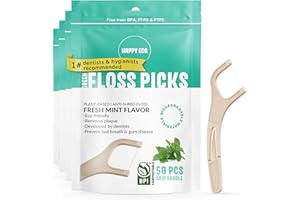 HAPPY ECO Biodegradable Floss Picks (200pcs) - Natural Dental Floss - Nontoxic Plant Based Floss Sticks for Adults & Kids - Vegan Tooth Pick Flossers - Single Thread Mint