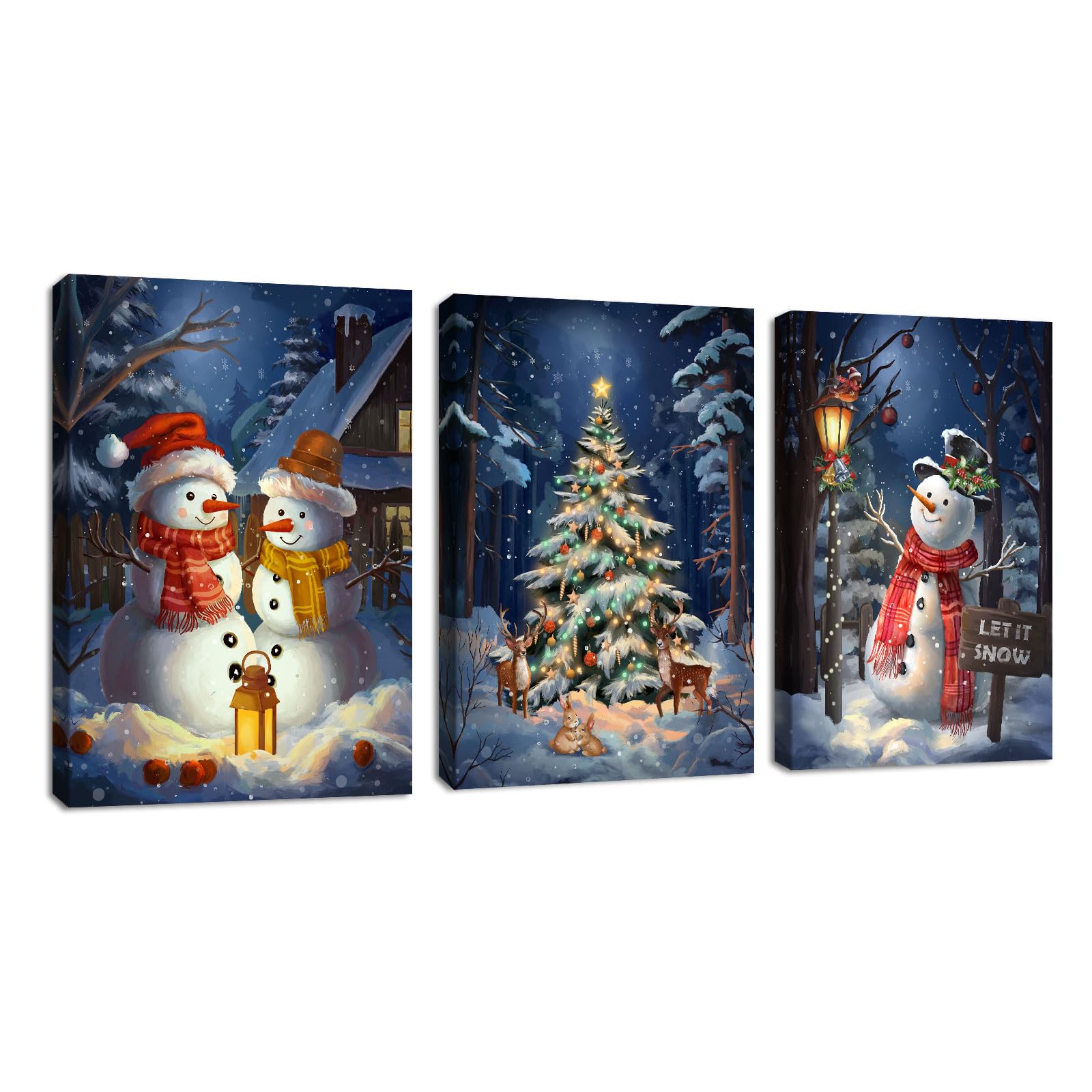 3 Pcs Blue Christmas Ambience Snow Scene Canvas Wall Art Cute Snowman Moose Lighting Nightscape Pictures Canvas Print Paintings for Living Room Bedroom Office Ready To Hang Stretched On Frame 30x40x3