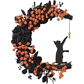 Halloween Decorations Black Cat Half-Moon Wreath | Halloween decor with open half-moon design, black fabric roses, frosted leaves, glossy orange berries, and a cat silhouette