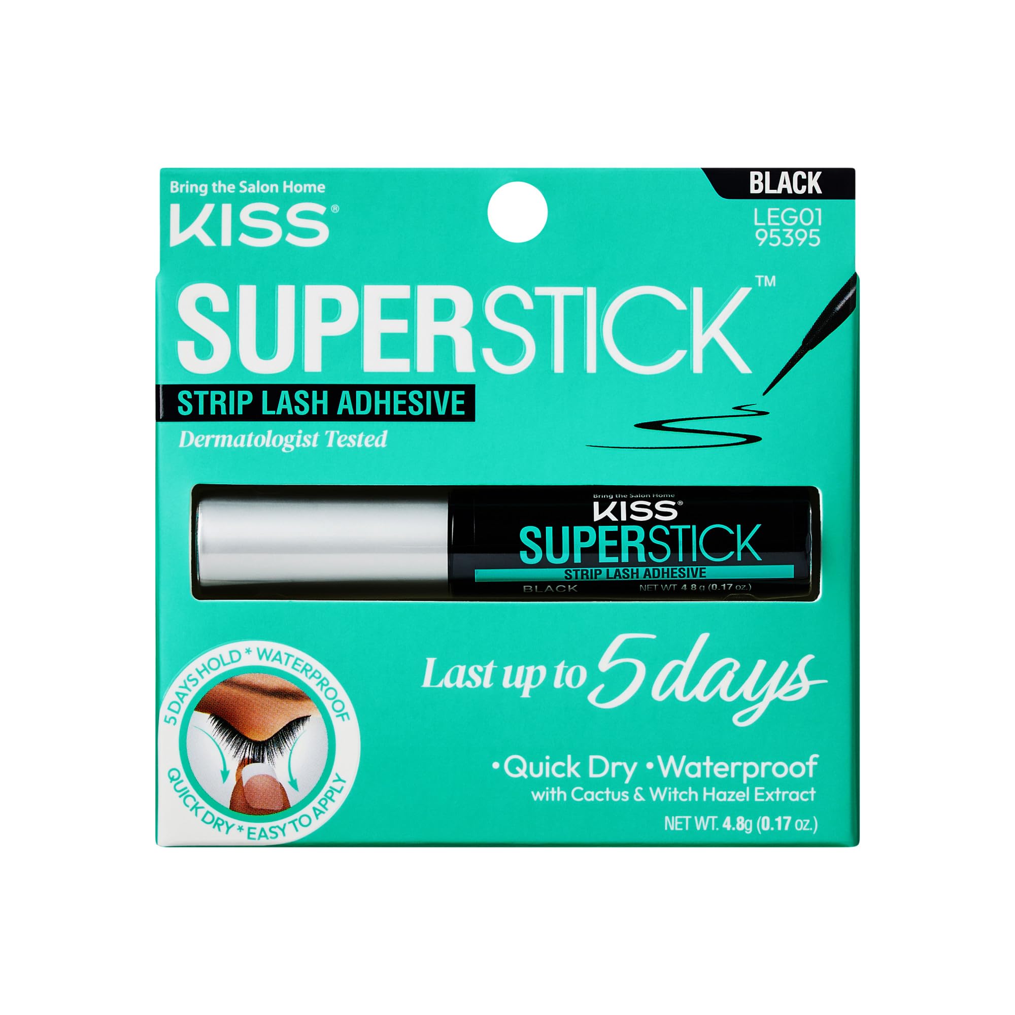 Photo 1 of KISS Super Stick 5-Day Extended Wear Strip Lash Adhesive, Quick Drying Lash Glue, Witch Hazel & Cactus Extract Infused, Brush Applicator, Net Wt. 4.8g (0.17 oz.), Black
