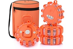 AK [4 Pack LED Road Flares Safety Flashing Warning Light Roadside Emergency Disc Beacon Kit for Vehicles Boats with Magnetic Base & Hook, Premium Storage Bag (Batteries Not Included) (4)