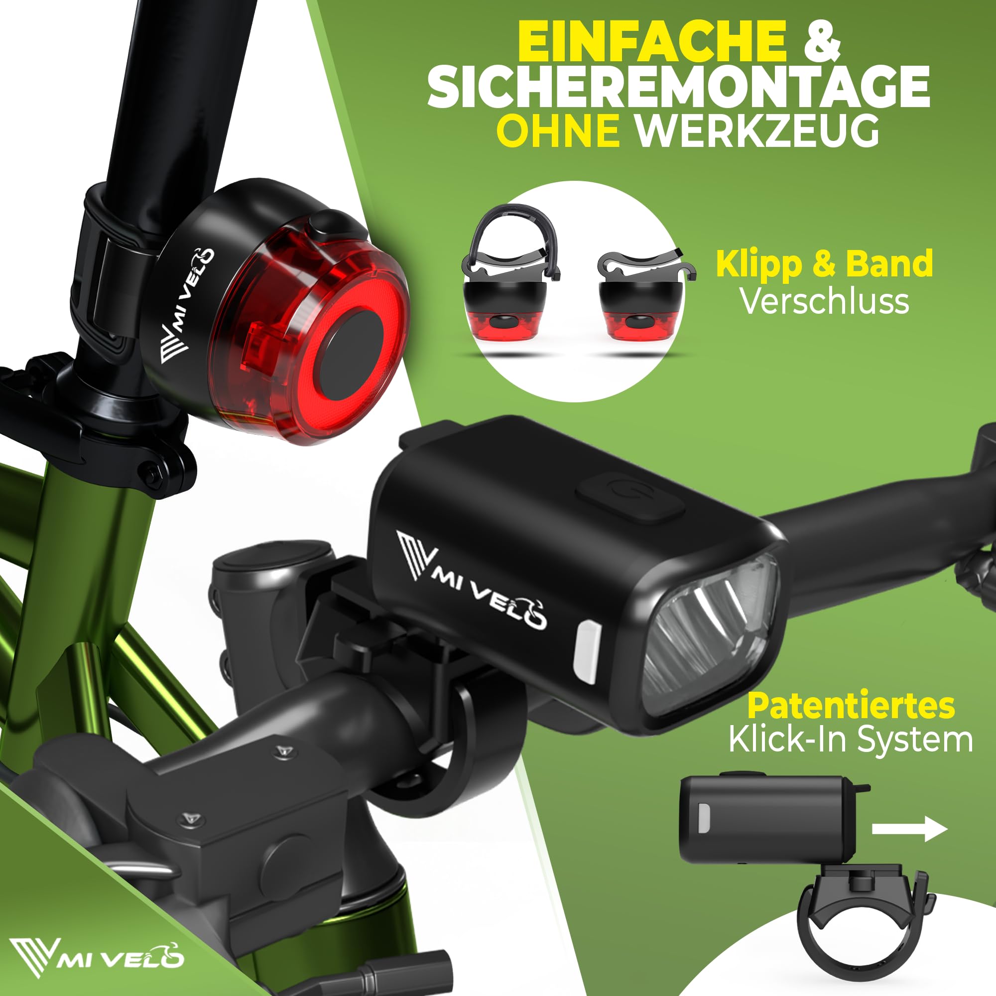 MIVELO Fahrradlicht Set mit Power-Akku, StVZO zugelassene Fahrradbeleuchtung USB aufladbar & wasserdicht, Fahrradlampe vorne & Fahrrad Rücklicht, Energieklasse A+++ (Spark ONE) 3