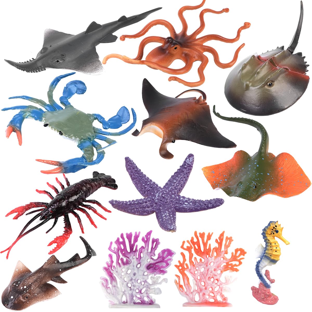 Sarini 12pcs Marine Animal Model Set-Detailed Simulation Figures of Lobster,Coral,Seahorse, Starfish, Crab, Octopus,Turtle,Devil Fish,Plough Skate, Sawfish,Marine Life Decor