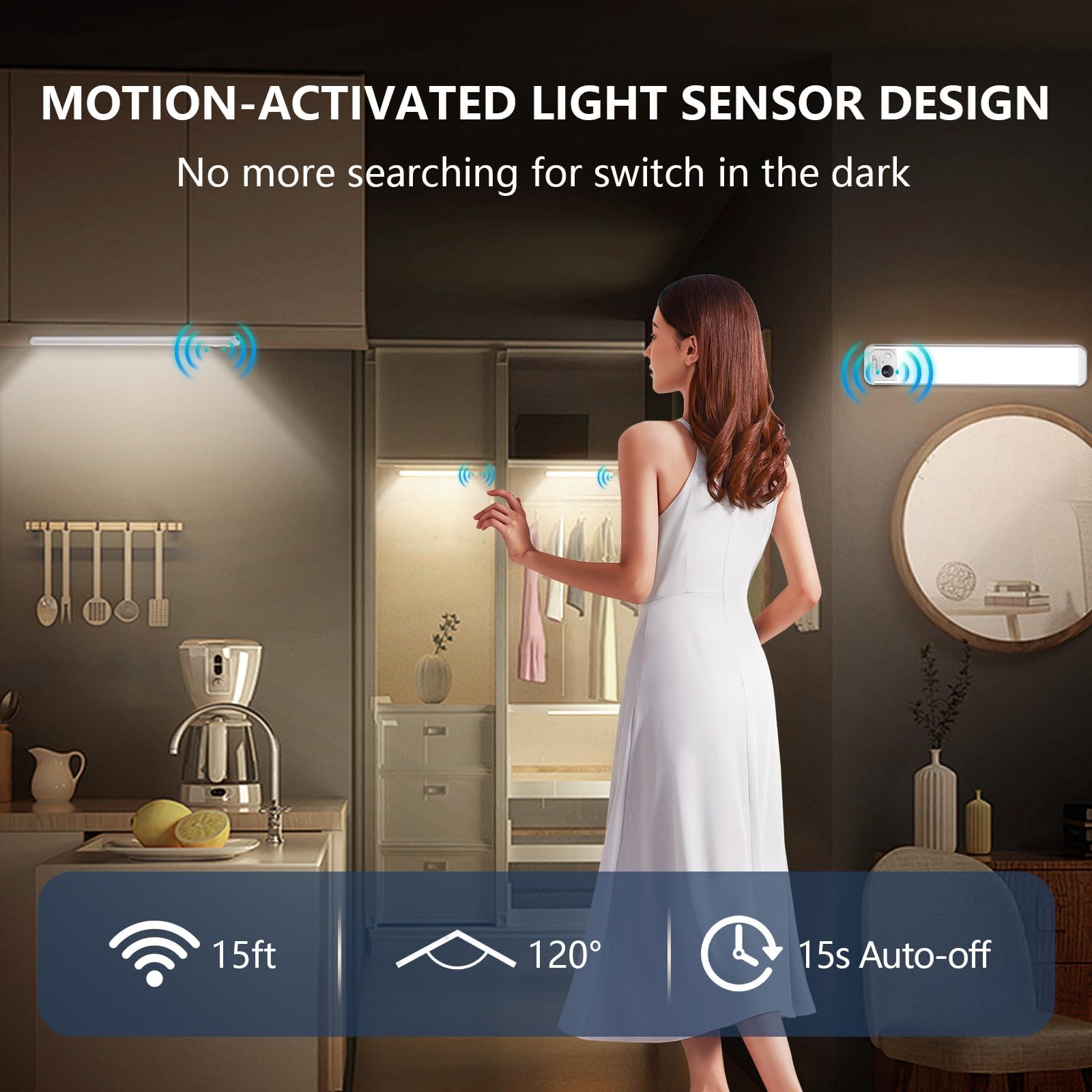 RUIKORING Under Cabinet Lighting, 3 Colors, Motion Sensor Light Indoor, LED Rechargeable Closet Lights Battery Operated, Dimmable Night, Stick-On Magnetic Cabinet Lights for Kitchen Stairs Hallway