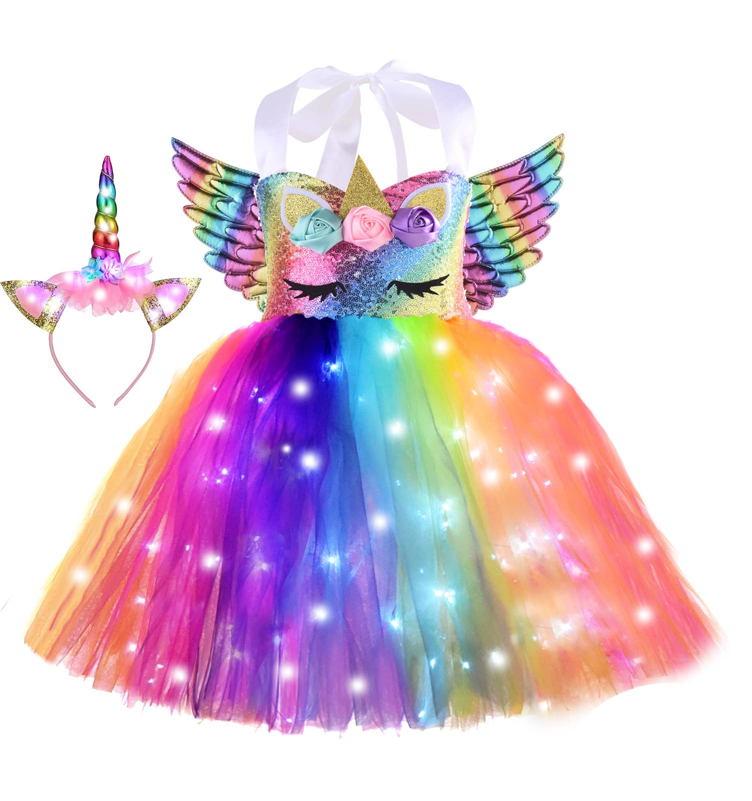 Photo 1 of Unicorn Birthday Decorations for Girls Halloween Christmas Party Outfits LED Kids Princess Flower Tutu Sequin Dress 5 6 Year Old Gifts Cosplay Favors with Headband and Wings 5t - 6t Rainbow