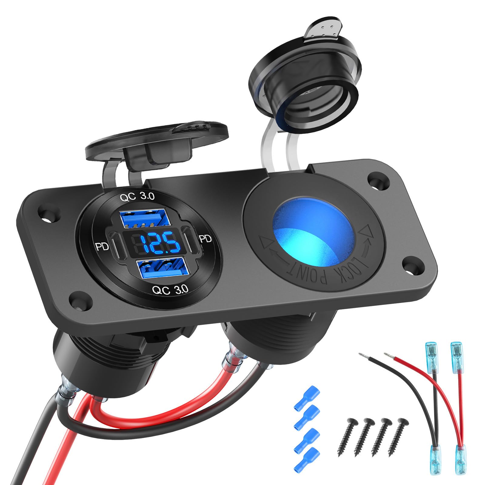 2025 Upgraded 4 Port 12 Volt USB Outlet Cigarette Lighter Socket Panel, Dual PD3.0 and Dual QC3.0 USB Ports Aluminum Car Charger with Voltmeter, Lighted 150W Socket, 2 in 1 DIY Kit for Boat RV, etc.
