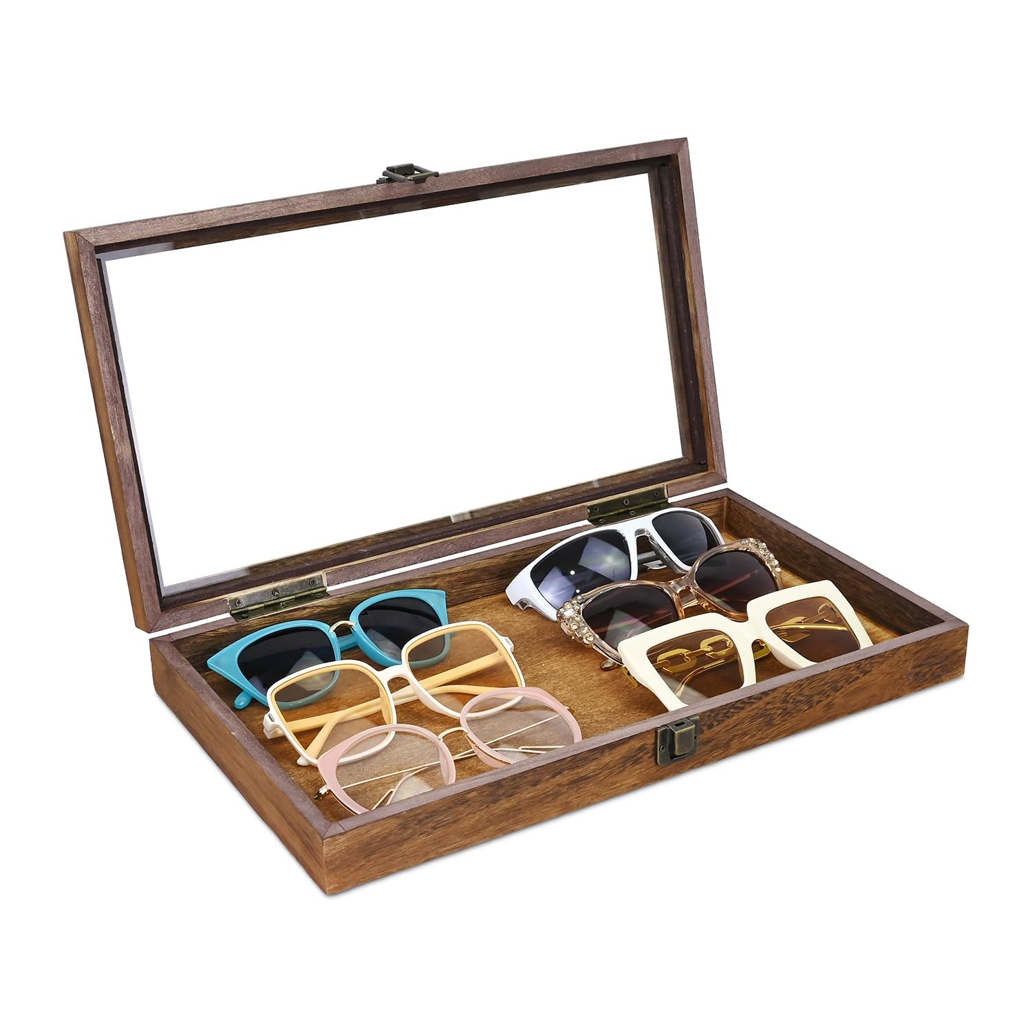 MOOCA Natural Wood Glass Top Jewelry Display Case Accessories Storage Box with Metal Clasp, Wooden Jewelry Tray for Collectibles, Home Organization, Brown
