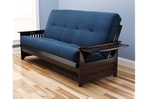 Kodaik Queen Size Phoenix Espresso Frame w/ 7 Inch Mattress Microfiber Suede Futon Set Wood Sofa Beds (Navy Mattress, Frame Only (Queen Size))