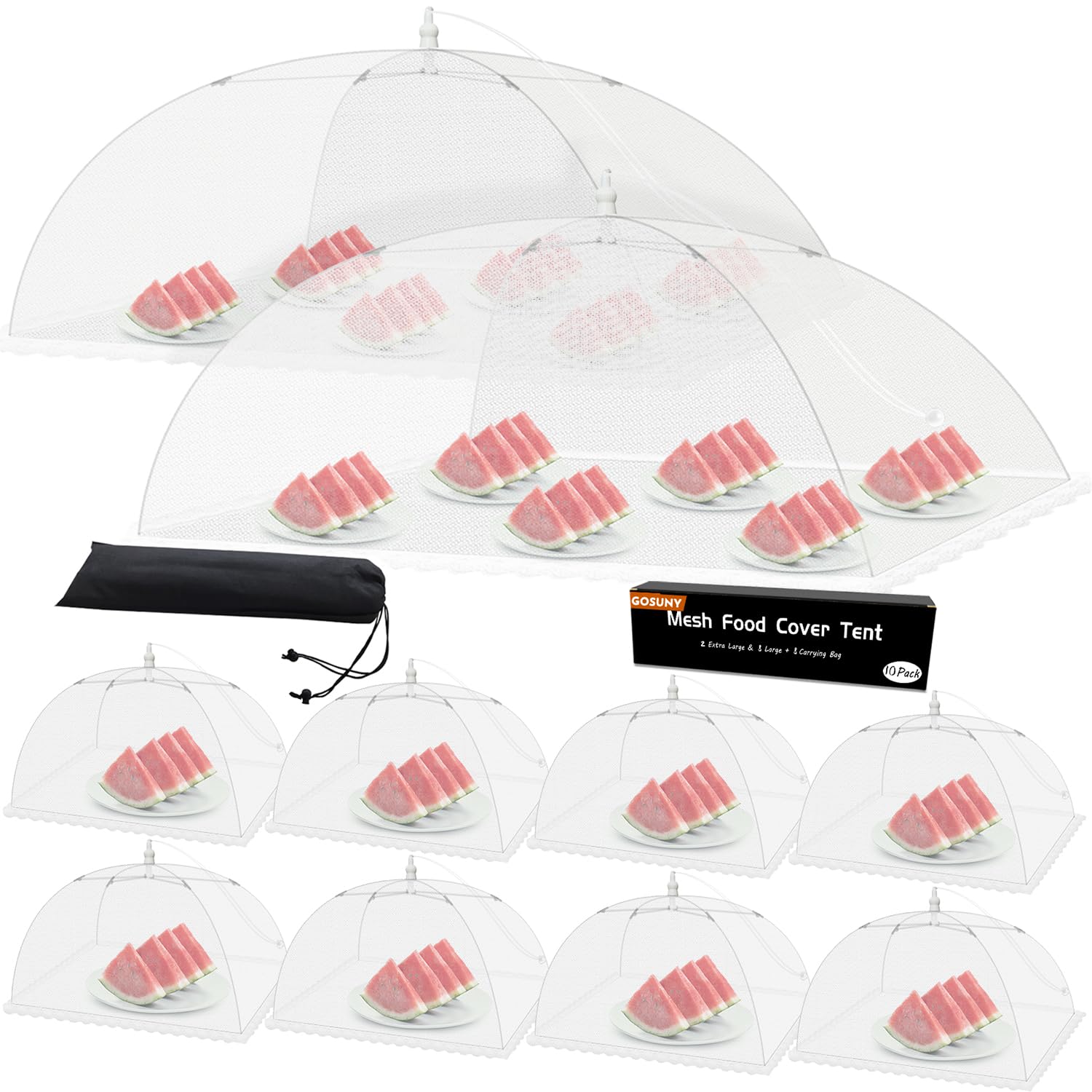 Photo 1 of Mesh Food Covers for Outdoors - 10 Pack Upgraded 2 Extra Large 40x24 in & 8 Large 17x17 in Outdoor Party Food Cover Tent Collapsible Picnic Nets Umbrella Screen Pop Up Food Dome for Outside (White)