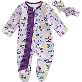 Suolongsama Newborn Baby Girl Mardi Gras Outfit Long Sleeve Ruffle Romper Zipper Footed Jumpsuit Headband Winter Clothes