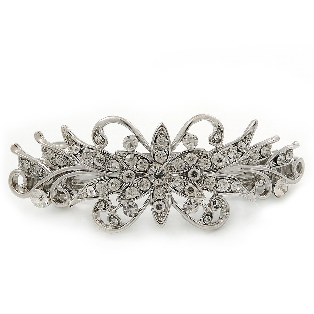 Bridal Wedding Prom Silver Tone Diamante 'Flower' Barrette Hair Clip Grip - 80mm Across