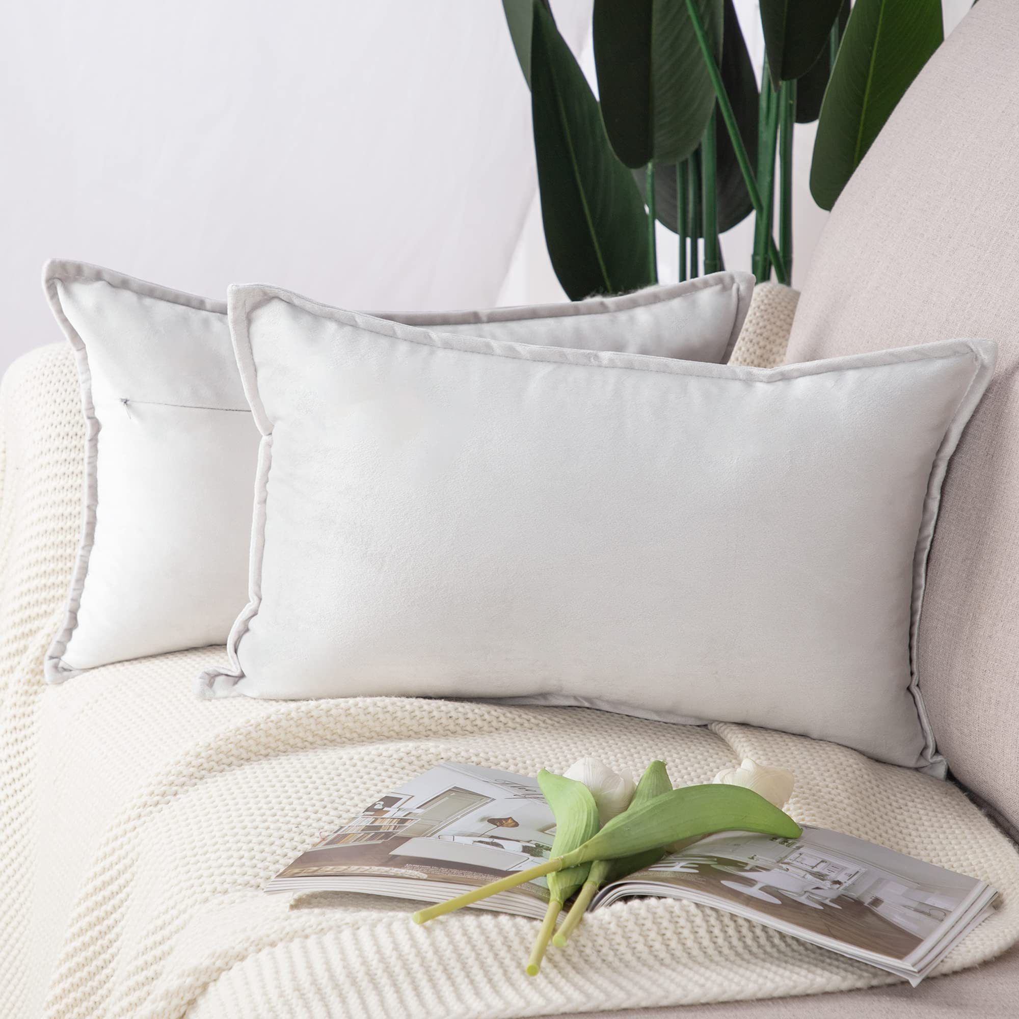 Madizz Pack of 2 Super Soft Velvet Decorative Cushion Covers with Fringe Luxury Style Cushion Case Pillow Shell for Sofa Bedroom Greyish White 12x20 inch, 30x50 cm Rectangular