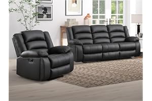 EBELLO Faux Leather Manual Recliner Sofa Set, 3 Seat Reclining Sofa, Couch Furniture Set for Living Room, Black