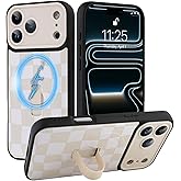 SOKAD Magnetic Checkered Case for iPhone 17 Pro Max with Finger Strap Kickstand, Compatible with Magsafe, Cute Checkerboard Designed for Women Men, Full Camera Protection Cover, White