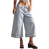 MakeMeChic Women's Stripe Wide Leg Jeans Low Waist Baggy Cropped Denim Pants with Pocket
