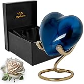 ANGELFOREVER Heart Urn with Stand & Box Keepsake Urn for Human Ashes Mini Cremation Urn for Men & Women (Blue)