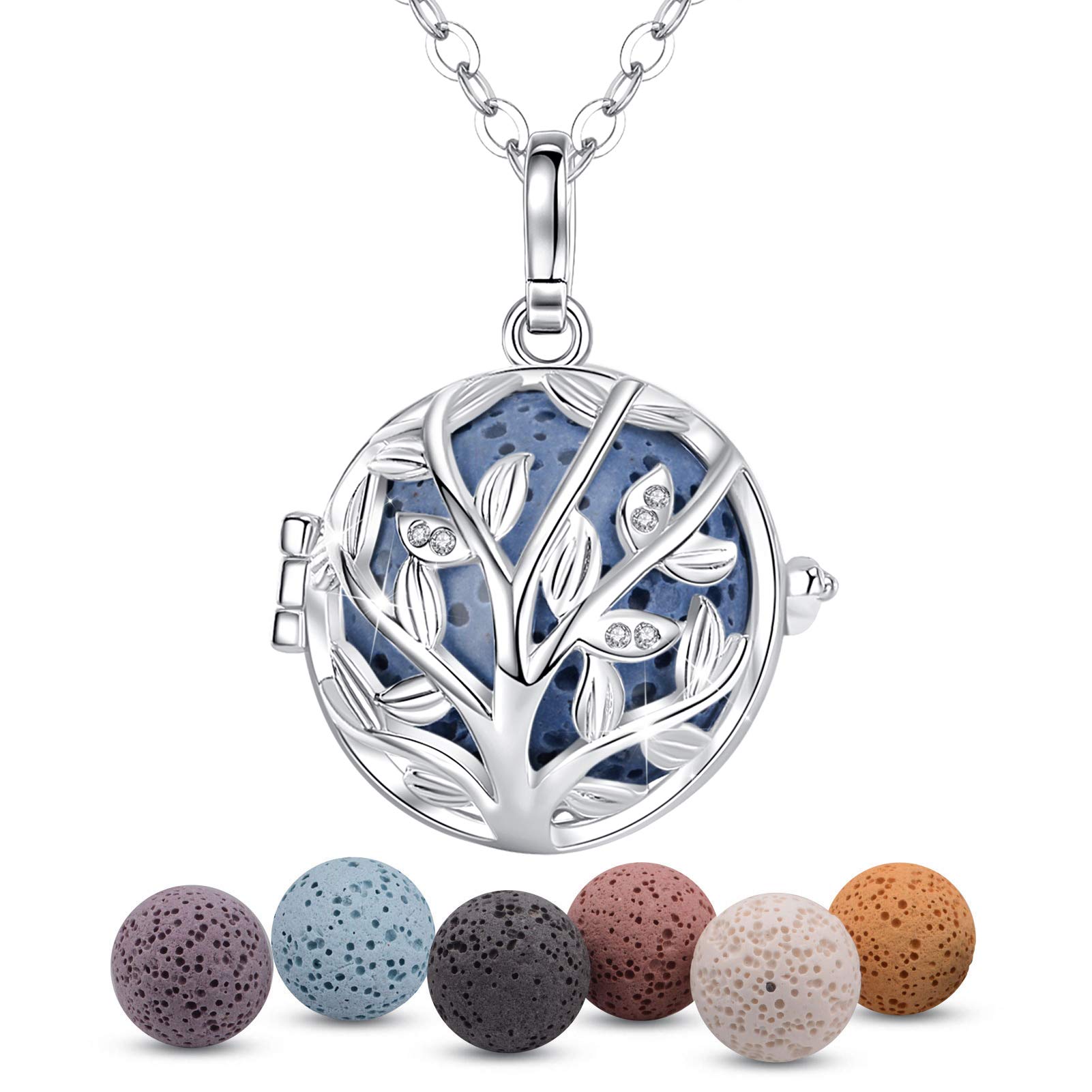 INFUSEU Aromatherapy Essential Locket Necklace, Tree of Life Oil Diffuser Pendant Perfumes Personalised Cubic Zircon Silver Plated with 5 Natural Lava Rock Stones & Chain 24" — image 1