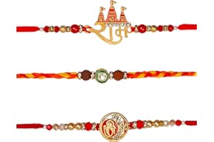 TrendBell Set of 3 Ganesha & Rudraksha Rakhi for Brother Rakhee for Boys | Raksha Bandhan Shree Ram Rakhi for Brother Rakhi Set with Greeting Card & Roli Chawal