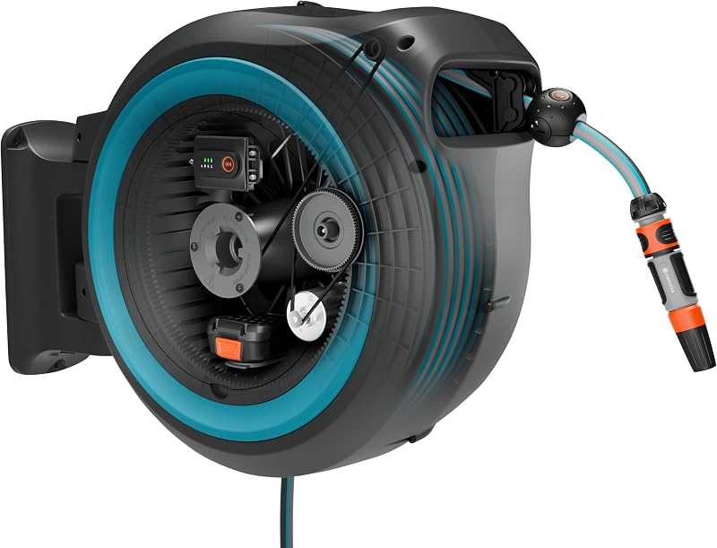 Conjunto Listo Para Usar Portamanguera de Pared con Batería PowerRoll XL: Portamanguera automático con manguera de 35 m, guía de manguera y RollControll, con batería (18640-20)