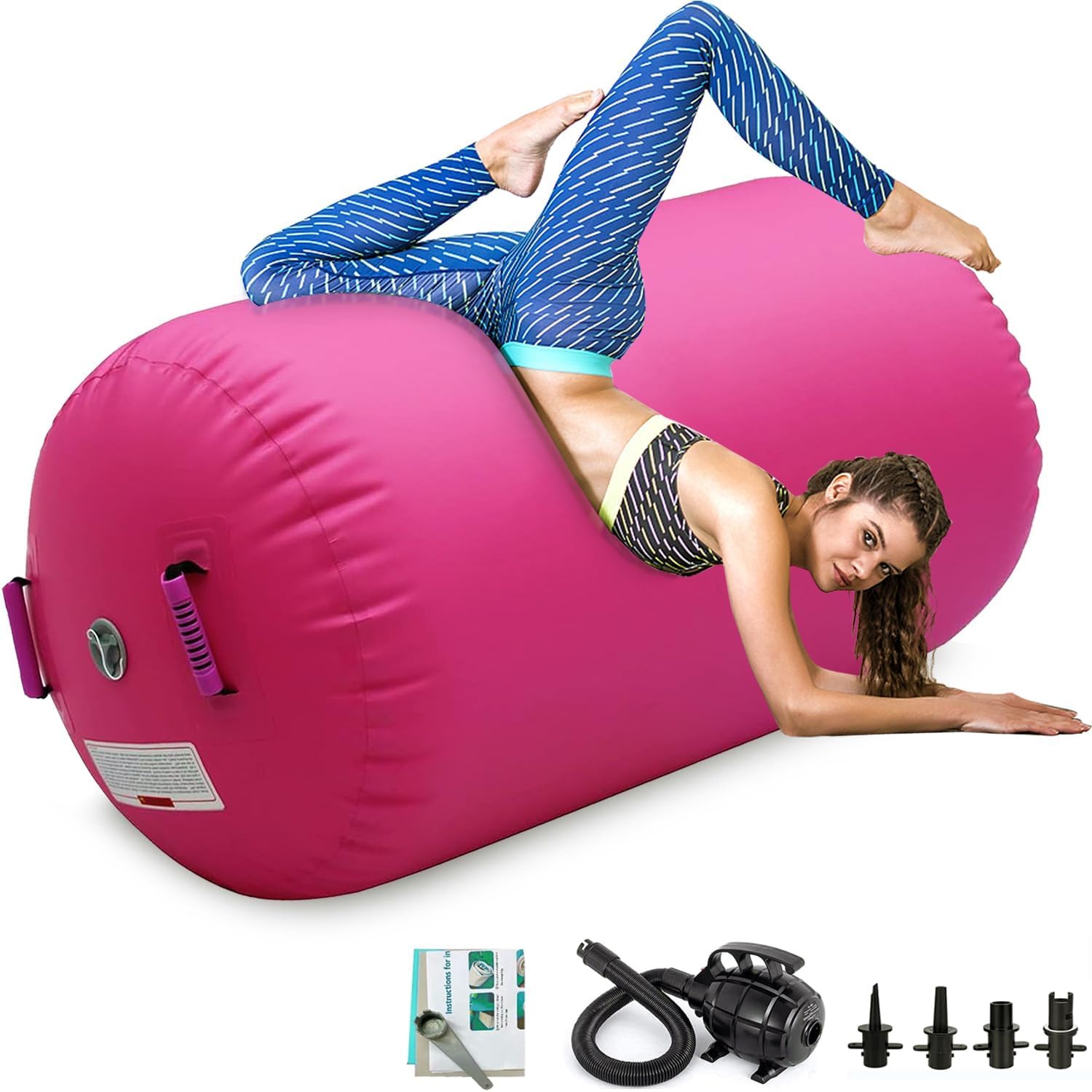 Photo 1 of CZGBRO Air Roller Gymnastics Barrel Inflatable Tumbling Roller Air Mat Octagon Mat with Electric Pump for Backhandspring Training Cheerleading Home Use(Pink,4ft*35.4inch)