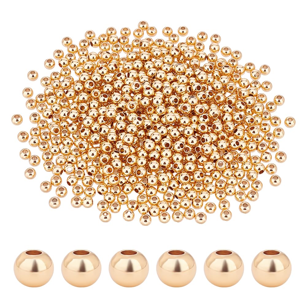 PH PandaHall 600pcs 4mm 14K Gold Plated Brass Beads Long-Lasting Smooth Spacer Beads Seamless Loose Ball Beads Gold Metal Beads for Summer Hawaii Necklaces, Bracelets, Earring Making