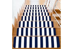 Stair Treads for Wooden Steps Indoor Non Slip Carpet Nautical Navy Blue and White Striped Runner Peel and Stick Staircase Ste