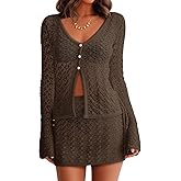 Fisoew Womens Crochet 2 Piece Cover Up V Neck Bell Sleeve Button Cardigan Sheer Mesh Beach Mini Skirt Coverup Set