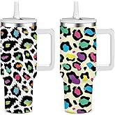 FOLAI 2 Pack 40oz Insulated Tumbler with Handle, Straw ＆ Flip Lid, 100% Leak-Proof Stainless Steel Double Wall Vacuum Cup - 24H Cold ＆ 10H Hot, Cup Holder Friendly Travel Tumbler | Leopard
