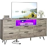 TV Cabinet with Storage LED Lights,Power Outlets,Dresser with 8 Drawers Open Shelf,TV Stand for 32/45/55/65 Inches,Metal Fram
