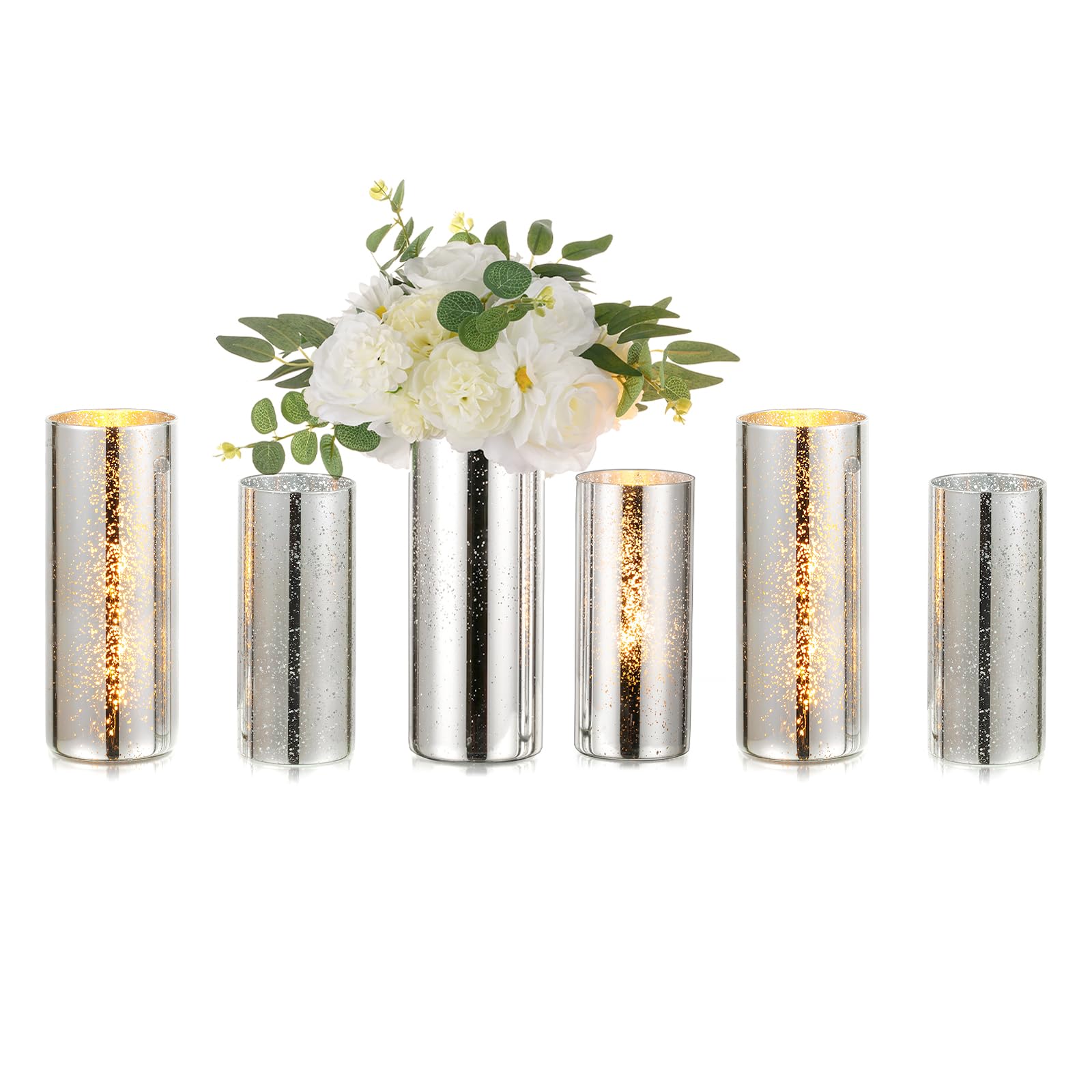 Photo 1 of Glass Cylinder Vases Set of 6, Hewory Glittery Silver Vase for Centerpieces, Hurricane Candle Holders for Pillar or Floating Candle, Round Tall Vase for Wedding Anniversary Events Home Table Decor