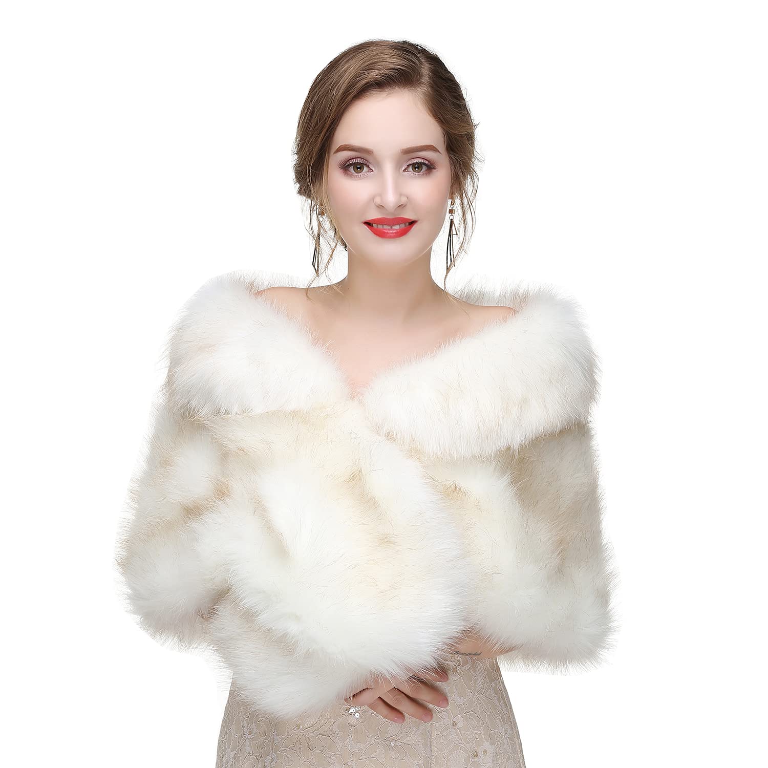 Scialle Stola In Finta Pelliccia Di Coniglio Con 3 Spille A Strass E Perle, Donna, 143x43 Cm, Colore Bianco/Nero/Grigio/Albicocca