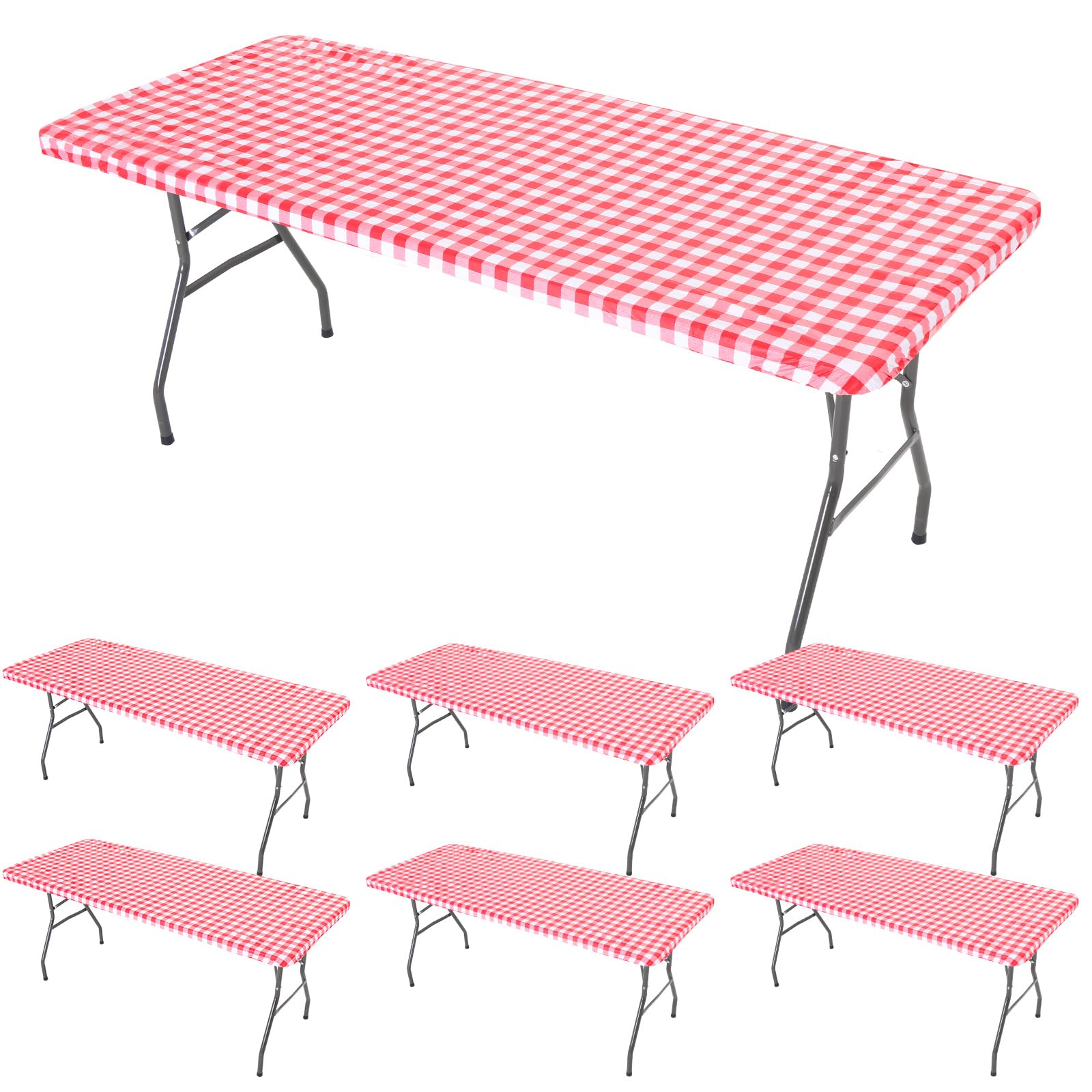 Photo 1 of 6 Pcs Tablecloth for Folding Fitted Rectangular Table Cloth 30 x 72 Inch Vinyl Waterproof Plastic Table Cover Flannel Backed with Elastic Rim for Indoor Outdoor Picnic Party (Red and White Grid)