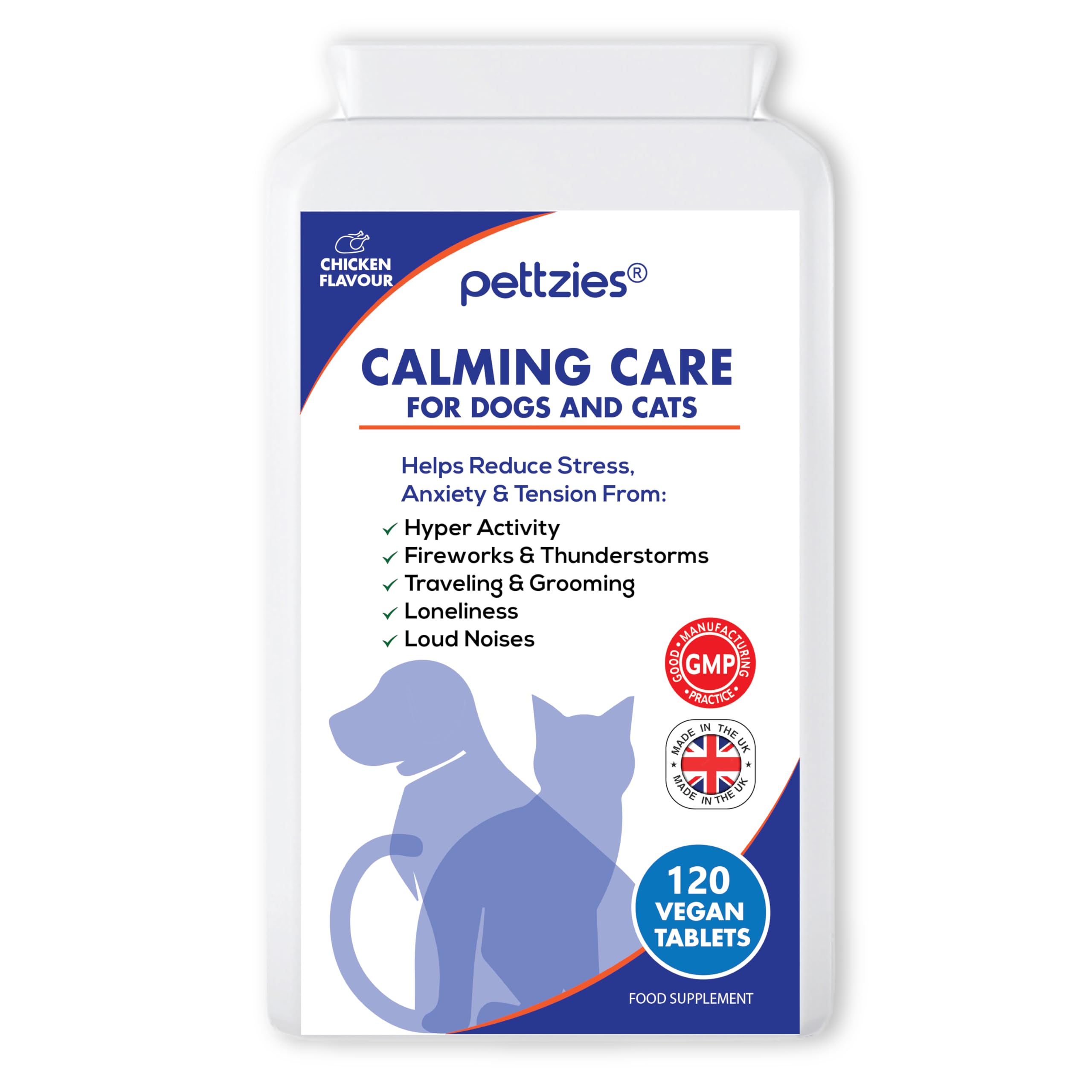 PETTZIES Dog Calming Care Supplement for Dogs and Cats - 120 Tablets for Stressed Nervous Pets. Anxiety Relief from Stress, Barking, Anxious, Fireworks and Loud Noises. Dog Calmer and Calm Aid Product